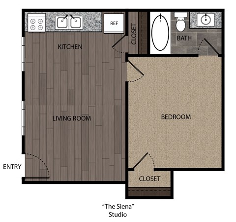 Floor plan for 1 bed, 1 bath, 456 sqft